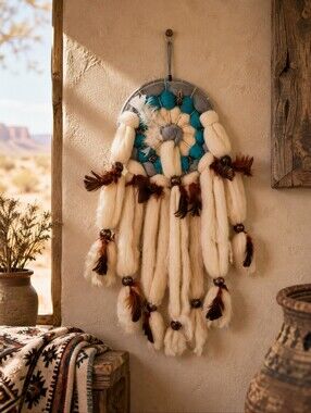 Vintage wool Native American Handmade Dream Catcher with feathers and wood beads